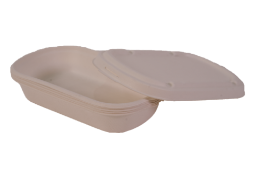 bagasse compostable food container stack with lid | pile de boite repas en bagasse compostable | Packaging alimentaire éco-responsable compostable
