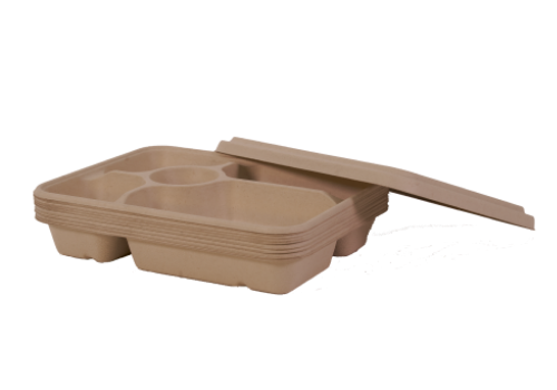 compostable bagasse food tray stack with lid | pile de plateaux repas en bagasse | Packaging alimentaire éco-responsable compostable