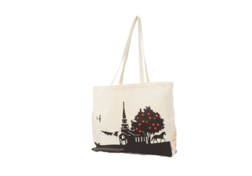 church tree horse printed cotton canvas bag with double handle | sac coton canevas a anse double avec illustration eglise arbre cheval