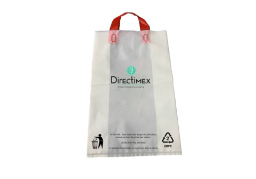 direct imex white PE bag with red handle | sac PE recycle blanc a anses rouges direct imex