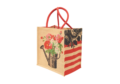 flower pot red jute bag with reversed handles | Sacs en jute rouge motif pot fleur avec anses inversees