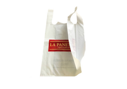 white recycled PE bag with la panette logo | sac PE la panette blanc recycle