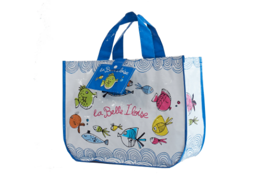woven bag la belle iloise blue handle with label | sac tisse la belle iloise avec etiquette et anses bleues | Sacs tissés non tissés