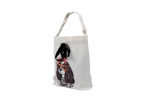 cotton white bag with dog cartoon image | sac en coton blanc avec image de dessin animé de chien