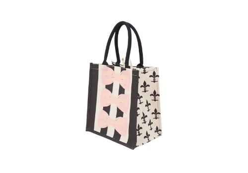 pink bow black pattern jute bag | sac en jute à motif noir avec nœud rose